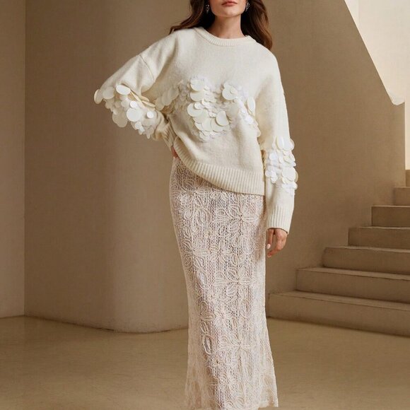 Apricot Casual Women's Handmade Beaded & Sequined Delicate Pullover Sweater - Picture 3 of 7